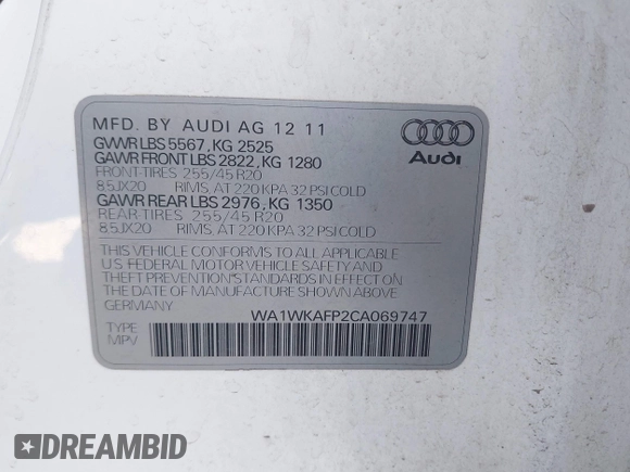 2012 Audi Q5 Prestige z VIN WA1WKAFP2CA069747, wystawiony jako IAAI lot #42203279 z przebiegiem 119 083 mil mil oraz . Historia ofert i sprzedaży dostępna na DreamBid. Obrazek 9.