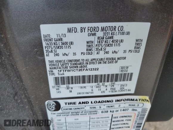 2014 Ford F-150 XL with VIN 1FTFW1CT2EFA12322, listed as a Copart auction lot 56483945 with 134,884 mi miles and Clean title. Bid and sale history available at DreamBid. Image 12.