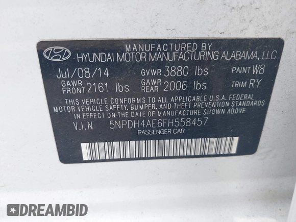 2015 Hyundai Elantra SE with VIN 5NPDH4AE6FH558457, listed as a IAAI auction lot 42738003 with 199,965 mi miles and . Bid and sale history available at DreamBid. Image 9.