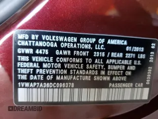 2013 Volkswagen Passat Wolfsburg Edition with VIN 1VWAP7A36DC096378, listed as a Copart auction lot 44678105 with 126,507 mi miles and Salvage Title. Bid and sale history available at carsss.com. Image 15.