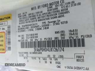 2020 Ford Fusion SE with VIN 3FA6P0HD4LR126174, listed as a IAAI auction lot 41723840 with 123,413 mi miles. Bid and sale history available at carsss.com. Image 9.