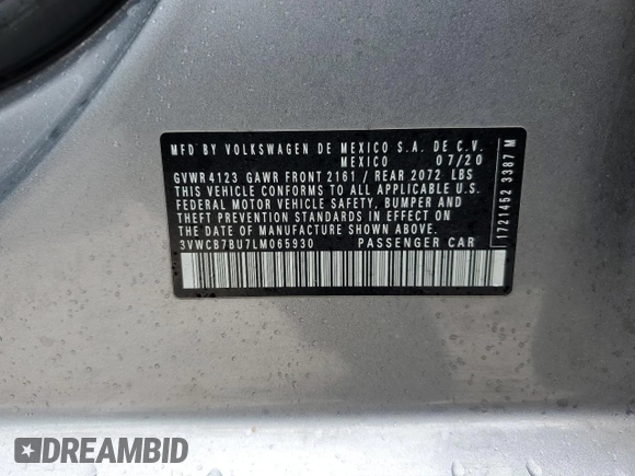 2020 Volkswagen Jetta S z VIN 3VWCB7BU7LM065930, wystawiony jako Copart lot #53300835 z przebiegiem 34 887 mil mil oraz Szkoda całkowita • Salvage title. Historia ofert i sprzedaży dostępna na DreamBid. Obrazek 12.