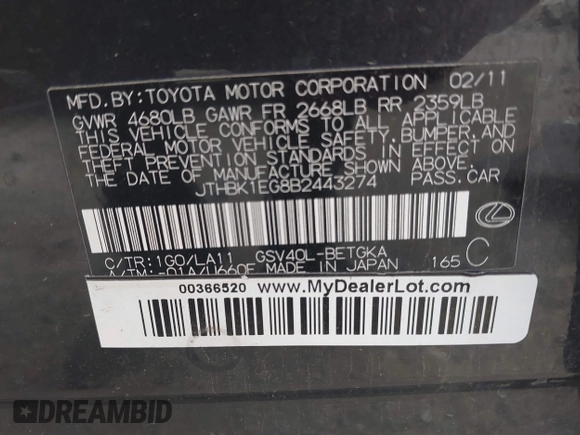 2011 Lexus ES 330 с VIN JTHBK1EG8B2443274, выставлен на аукционе IAAI как лот 42152354 с пробегом 120 711 миль миль и . История ставок и продаж доступна на DreamBid. Изображение 9.