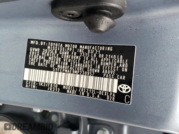 2021 Toyota Corolla LE with VIN 5YFEPMAE9MP230957, listed as a Copart auction lot 69807044 with 61,146 mi miles and Salvage Title. Bid and sale history available at DreamBid. Image 14.