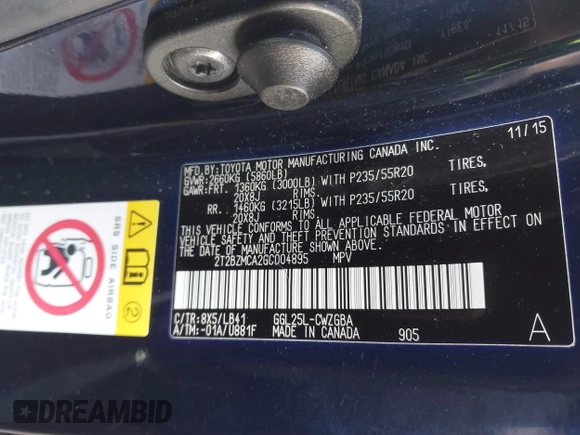 2016 Lexus RX 350 with VIN 2T2BZMCA2GC004895, listed as a IAAI auction lot 41859749 with 104,370 mi miles and . Bid and sale history available at DreamBid. Image 9.