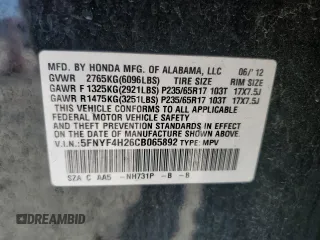 2012 Honda Pilot LX with VIN 5FNYF4H26CB065892, listed as a Copart auction lot 61004225 with 158,789 mi miles and Salvage title. Bid and sale history available at DreamBid. Image 13.