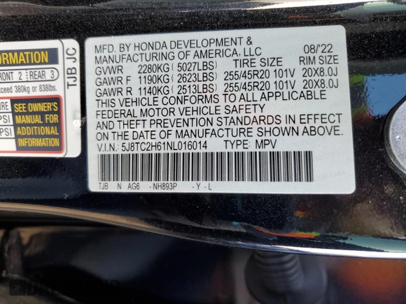 2022 Acura RDX w/A-Spec Package with VIN 5J8TC2H61NL016014, listed as a Copart auction lot 84875934 with 27,210 mi miles and Salvage Title. Bid and sale history available at carsss.com. Image 16.
