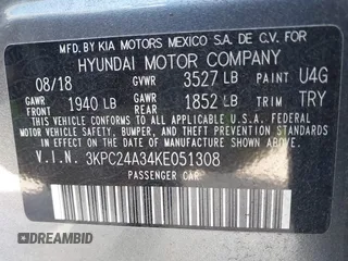 2019 Hyundai Accent SE with VIN 3KPC24A34KE051308, listed as a IAAI auction lot 42059994 with 112,185 mi miles and . Bid and sale history available at carsss.com. Image 9.