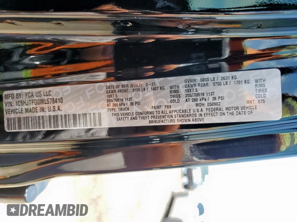 2021 Jeep Gladiator Overland z VIN 1C6HJTFG0ML578410, wystawiony jako Copart lot #58590995 z przebiegiem Nie podano mil oraz Szkoda całkowita • Salvage title. Historia ofert i sprzedaży dostępna na DreamBid. Obrazek 12.
