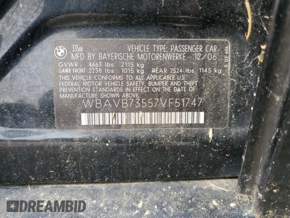 2007 BMW 3 Series 335i with VIN WBAVB73557VF51747, listed as a Copart auction lot 59434145 with Not provided miles and Clean title. Bid and sale history available at DreamBid. Image 12.