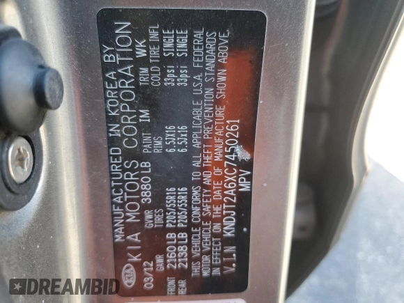 2012 Kia Soul + with VIN KNDJT2A6XC7450261, listed as a Copart auction lot 46681565 with 224,883 mi miles and Salvage Title. Bid and sale history available at carsss.com. Image 12.