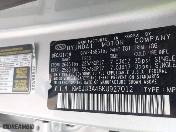 2019 Hyundai Tucson Value with VIN KM8J33A48KU927012, listed as a IAAI auction lot 41515397 with 62,501 mi miles. Bid and sale history available at carsss.com. Image 9.