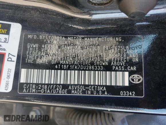 2013 Toyota Camry L with VIN 4T1BF1FK7DU286333, listed as a Copart auction lot 52306175 with 195,016 mi miles and Salvage Title. Bid and sale history available at carsss.com. Image 13.