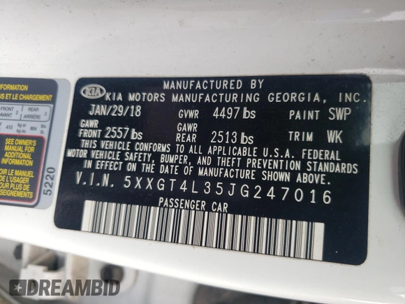 2018 Kia Optima S with VIN 5XXGT4L35JG247016, listed as a Copart auction lot 49887855 with 116,295 mi miles and Salvage title. Bid and sale history available at DreamBid. Image 12.