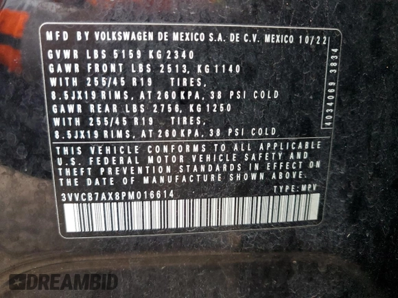 2023 Volkswagen Tiguan SE R-Line Black with VIN 3VVCB7AX8PM016614, listed as a Copart auction lot 43944695 with 39,378 mi miles and Salvage title. Bid and sale history available at DreamBid. Image 12.