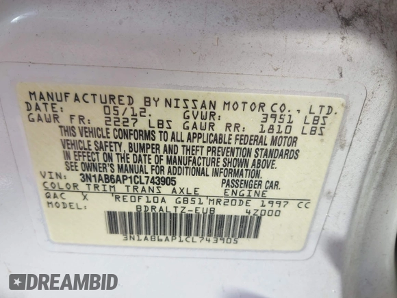 2012 Nissan Sentra SR with VIN 3N1AB6AP1CL743905, listed as a IAAI auction lot 41985790 with Not Provided miles and . Bid and sale history available at DreamBid. Image 9.