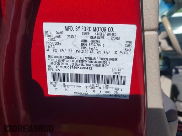 2009 Ford Escape XLS with VIN 1FMCU02759KC80412, listed as a IAAI auction lot 42228138 with 181,786 mi miles and . Bid and sale history available at DreamBid. Image 9.
