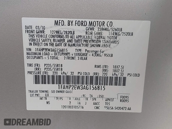 2010 Ford Taurus SEL с VIN 1FAHP2EW3AG156815, выставлен на аукционе IAAI как лот 42342615 с пробегом 152 870 миль миль и . История ставок и продаж доступна на DreamBid. Изображение 9.