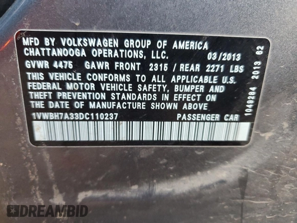 2013 Volkswagen Passat SE with VIN 1VWBH7A33DC110237, listed as a Copart auction lot 85404764 with 223,426 mi miles and Salvage Title. Bid and sale history available at carsss.com. Image 14.