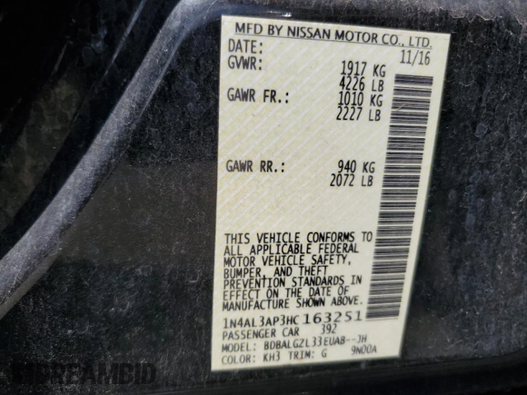 2017 Nissan Altima SV with VIN 1N4AL3AP3HC163251, listed as a Copart auction lot 61991825 with 249,880 mi miles and Salvage title. Bid and sale history available at DreamBid. Image 12.