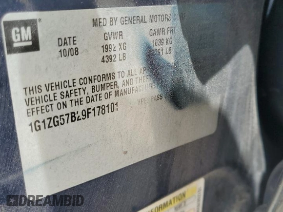 2009 Chevrolet Malibu 1LS with VIN 1G1ZG57B29F178101, listed as a Copart auction lot 54886365 with 226,157 mi miles and Salvage Title. Bid and sale history available at DreamBid. Image 12.