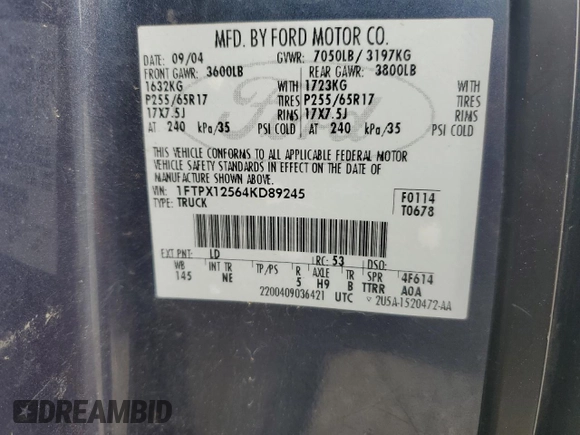 2004 Ford F-150 XL with VIN 1FTPX12564KD89245, listed as a Copart auction lot 52342585 with 187,119 mi miles and Salvage title. Bid and sale history available at DreamBid. Image 12.