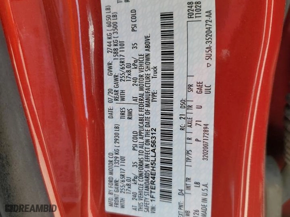 2020 Ford Ranger XL with VIN 1FTER4EH5LLA56312, listed as a Copart auction lot 52310865 with 49,435 mi miles and Salvage Title. Bid and sale history available at carsss.com. Image 12.