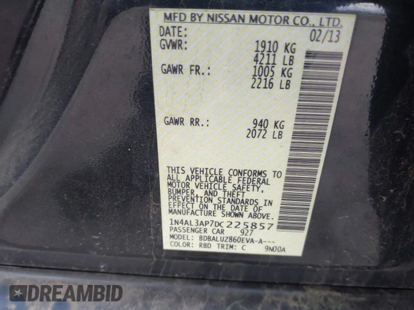 2013 Nissan Altima SL with VIN 1N4AL3AP7DC225857, listed as a IAAI auction lot 42182062 with 149,487 mi miles and . Bid and sale history available at DreamBid. Image 8.