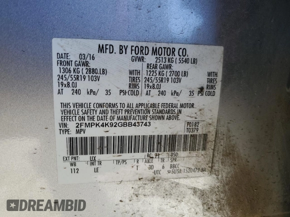 2016 Ford Edge Titanium with VIN 2FMPK4K92GBB43743, listed as a Copart auction lot 82687633 with 151,311 mi miles and Salvage Title. Bid and sale history available at carsss.com. Image 13.