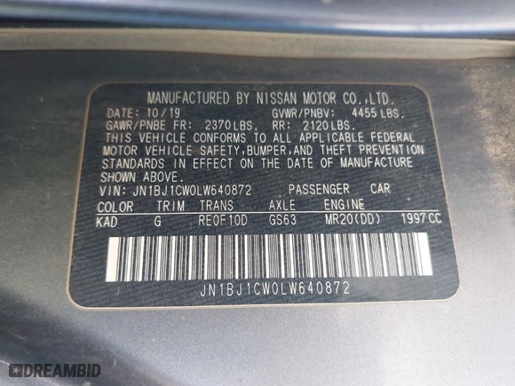 2020 Nissan Rogue Sport S with VIN JN1BJ1CW0LW640872, listed as a IAAI auction lot 41488539 with 45,660 mi miles. Bid and sale history available at carsss.com. Image 9.