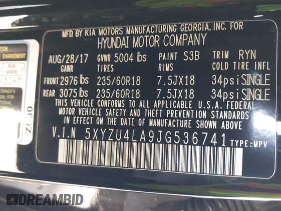 2018 Hyundai Santa Fe 2.0T with VIN 5XYZU4LA9JG536741, listed as a IAAI auction lot 42160866 with 86,356 mi miles and . Bid and sale history available at DreamBid. Image 9.