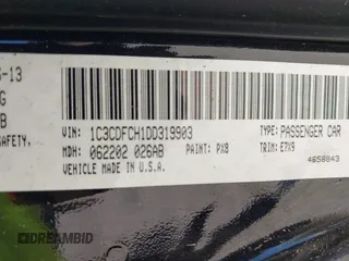 2013 Dodge Dart Limited with VIN 1C3CDFCH1DD319903, listed as a IAAI auction lot 41865656 with 106,638 mi miles and . Bid and sale history available at DreamBid. Image 9.