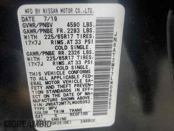2020 Nissan Rogue S z VIN JN8AT2MT7LW005052, wystawiony jako Copart lot #57671635 z przebiegiem 62 481 mil mil oraz Szkoda całkowita • Salvage title. Historia ofert i sprzedaży dostępna na DreamBid. Obrazek 14.