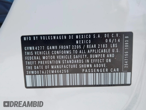 2014 Volkswagen Jetta SE with VIN 3VWD07AJ2EM444256, listed as a IAAI auction lot 42383287 with 99,654 mi miles and . Bid and sale history available at DreamBid. Image 9.