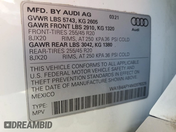 2021 Audi SQ5 Premium Plus with VIN WA1B4AFY4M2076325, listed as a Copart auction lot 78806254 with 31,053 mi miles and Salvage Title. Bid and sale history available at DreamBid. Image 13.