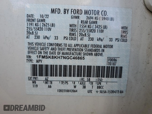 2022 Ford Explorer ST-Line с VIN 1FMSK8KH7NGC46865, выставлен на аукционе Copart как лот 54337545 с пробегом 50 417 миль миль и Списание • Salvage title. История ставок и продаж доступна на DreamBid. Изображение 13.