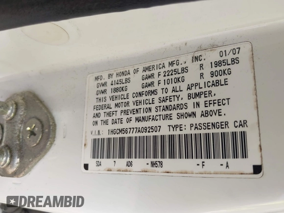 2007 Honda Accord EX с VIN 1HGCM56777A092507, выставлен на аукционе IAAI как лот 39059793 с пробегом 177 396 миль миль и . История ставок и продаж доступна на DreamBid. Изображение 9.