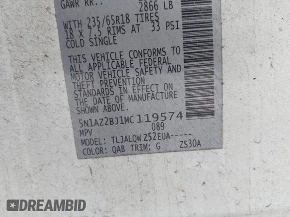 2021 Nissan Murano SV z VIN 5N1AZ2BJ1MC119574, wystawiony jako IAAI lot #41526022 z przebiegiem 96 347 mil mil oraz . Historia ofert i sprzedaży dostępna na DreamBid. Obrazek 9.