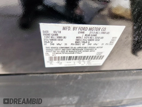2018 Ford Explorer Limited with VIN 1FM5K7FH3JGB17047, listed as a Copart auction lot 58846805 with 79,862 mi miles and Salvage title. Bid and sale history available at DreamBid. Image 13.