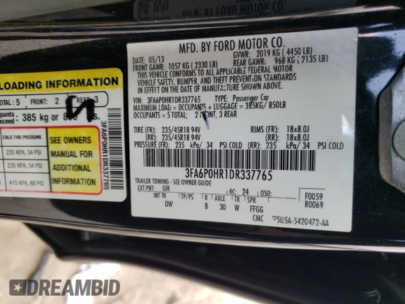 2013 Ford Fusion SE with VIN 3FA6P0HR1DR337765, listed as a Copart auction lot 48998895 with 161,538 mi miles and Salvage Title. Bid and sale history available at carsss.com. Image 12.