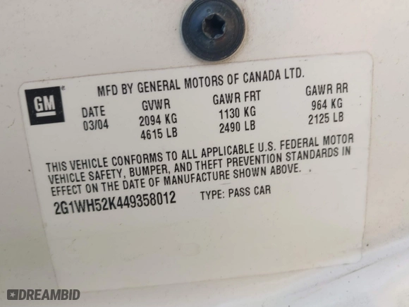 2004 Chevrolet Impala LS with VIN 2G1WH52K449358012, listed as a IAAI auction lot 41801526 with 1 mi miles. Bid and sale history available at carsss.com. Image 9.