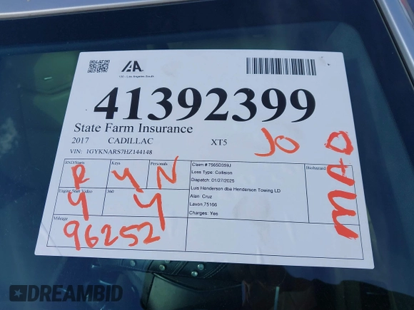 2017 Cadillac XT5 FWD with VIN 1GYKNARS7HZ144148, listed as a IAAI auction lot 41392399 with 96,252 mi miles and . Bid and sale history available at carsss.com. Image 17.