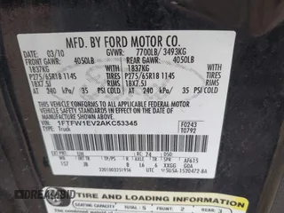 2010 Ford F-150 XL with VIN 1FTFW1EV2AKC53345, listed as a IAAI auction lot 41925086 with 218,833 mi miles and . Bid and sale history available at DreamBid. Image 9.