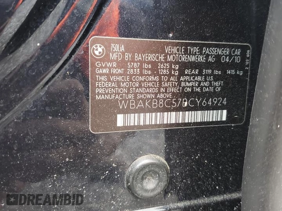 2011 BMW 7 Series 750Li with VIN WBAKB8C57BCY64924, listed as a Copart auction lot 58393765 with Not provided miles and Salvage title. Bid and sale history available at DreamBid. Image 13.