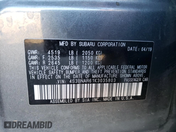 2019 Subaru Legacy Sport with VIN 4S3BNAR61K3035803, listed as a Copart auction lot 42683835 with 62,292 mi miles and Salvage Title. Bid and sale history available at carsss.com. Image 12.