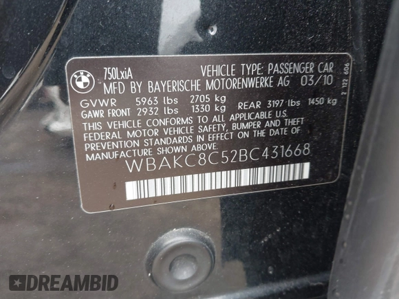 2011 BMW 7 Series 750Li xDrive with VIN WBAKC8C52BC431668, listed as a IAAI auction lot 41623575 with 117,306 mi miles. Bid and sale history available at carsss.com. Image 9.