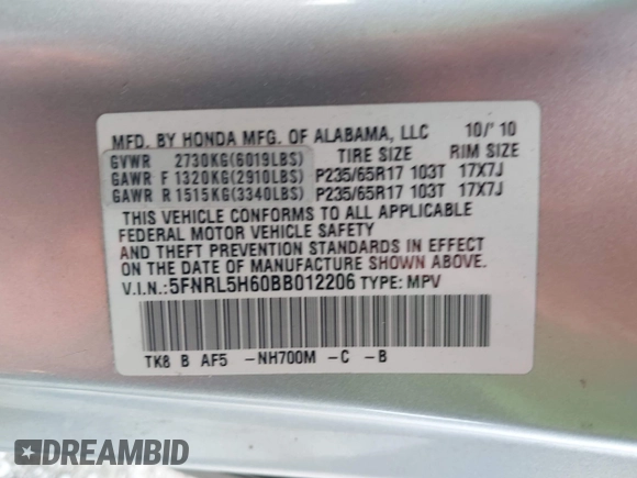 2011 Honda Odyssey EX-L with VIN 5FNRL5H60BB012206, listed as a IAAI auction lot 41982987 with 220,913 mi miles and . Bid and sale history available at carsss.com. Image 9.