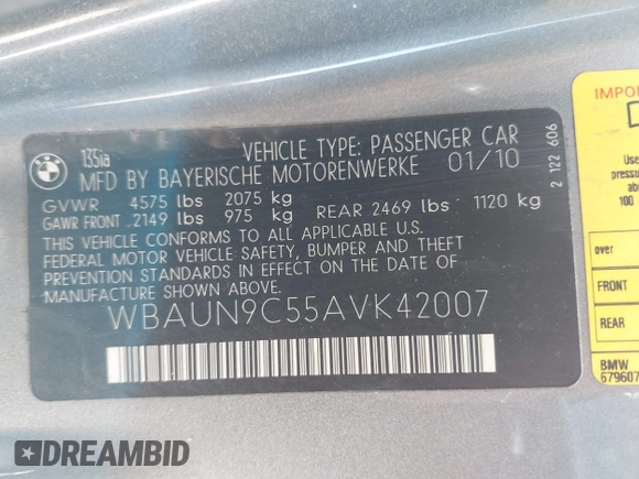 2010 BMW 1 Series 135i with VIN WBAUN9C55AVK42007, listed as a IAAI auction lot 42526510 with 92,586 mi miles and . Bid and sale history available at DreamBid. Image 9.