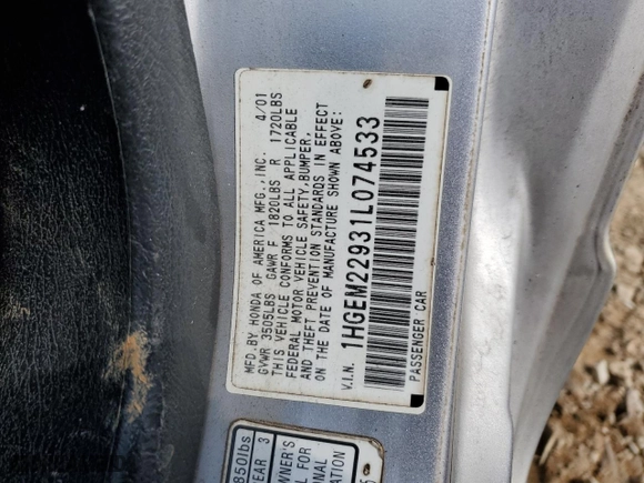 2001 Honda Civic EX with VIN 1HGEM22931L074533, listed as a Copart auction lot 43559835 with 265,590 mi miles and Salvage Title. Bid and sale history available at carsss.com. Image 14.