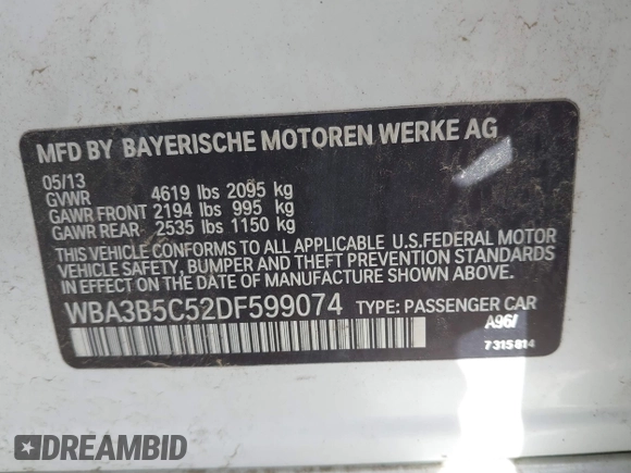 2013 BMW 3 Series 328i xDrive with VIN WBA3B5C52DF599074, listed as a IAAI auction lot 42408547 with 158,050 mi miles and . Bid and sale history available at DreamBid. Image 9.